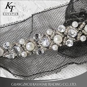 Kavatar Crystal Rhinestone White Bead Pearl Lace Designs Trim For Wedding Dress