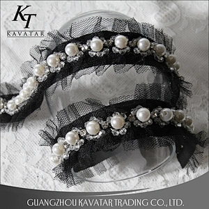 Hot Sell Black Ruffle Wave Lace Pearl Beaded Trim For Bride Wedding Dress
