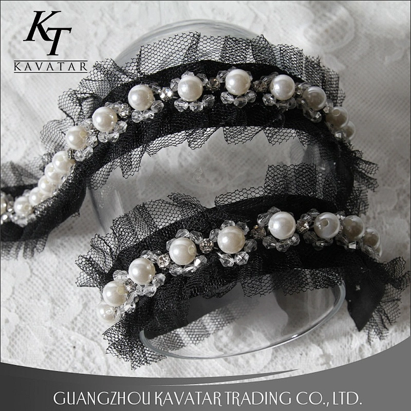 Hot Sell Black Ruffle Wave Lace Pearl Beaded Trim For Bride Wedding Dress