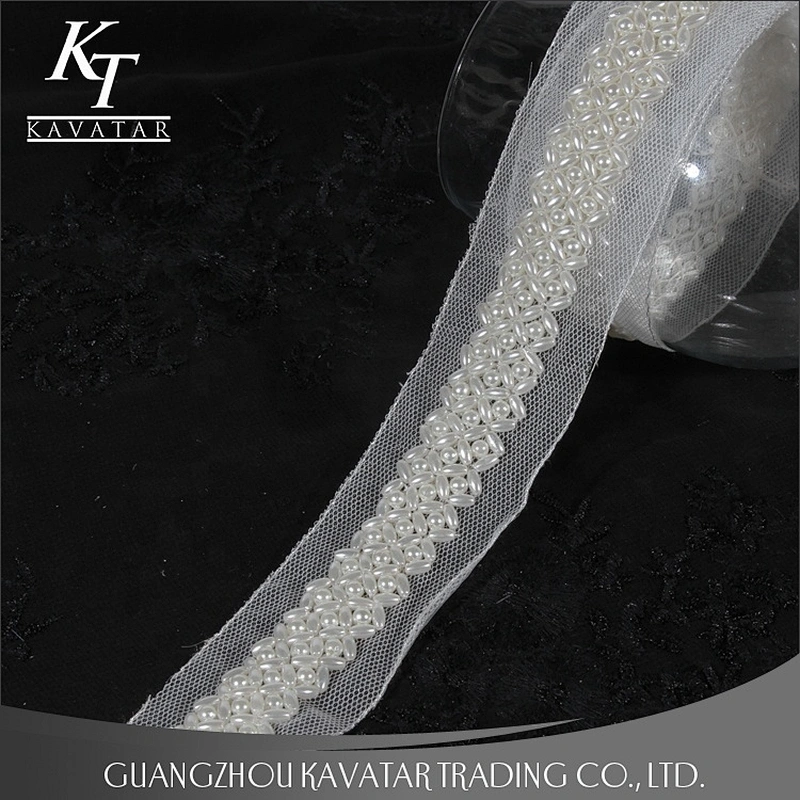 White Beaded Pearl Embroidery Lace Trimming For Wedding Dress