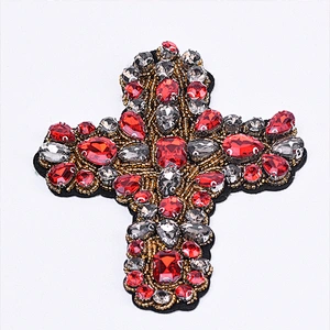 Wholesale Red Cross Rhinestones Beaded Patches Decoration For Garment patches for clothing