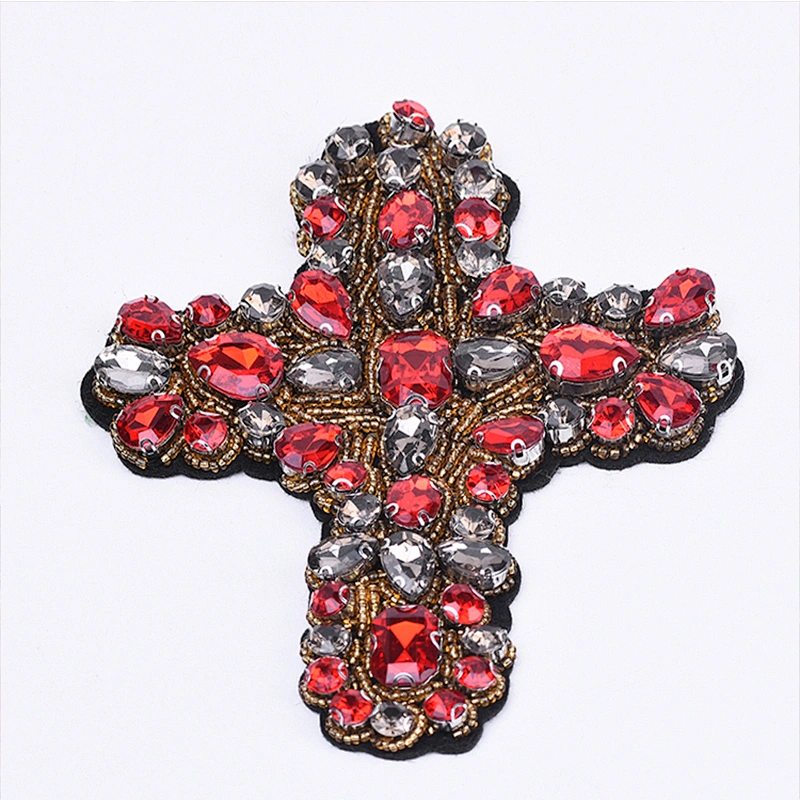 Wholesale Red Cross Rhinestones Beaded Patches Decoration For Garment patches for clothing