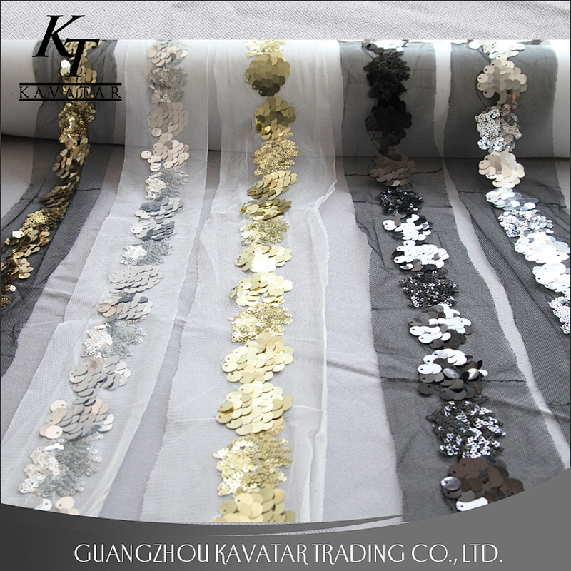 Beautiful Shape Sequin Sew On Black Mesh Flower Ribbon Trim For Decorative Dress