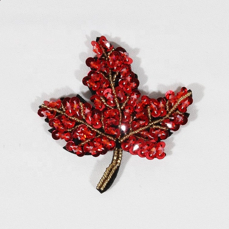 Red maple leaf design beading sequin patches for decorative garment bag