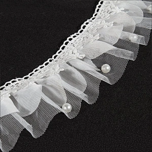 Pleated Lace Trim, Ruffle Trim, Pearl Lace Trim for Bridal Gowns Lace
