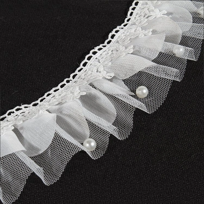 Pleated Lace Trim, Ruffle Trim, Pearl Lace Trim for Bridal Gowns Lace