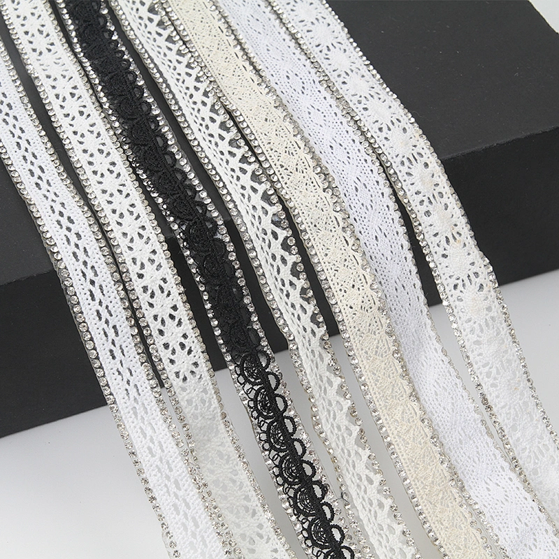 New Design Cotton Lace with Hotfix Rhinestone Transfer Sticker Trim For Women Clothes