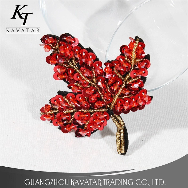 Red maple leaf design beading sequin patches for decorative garment bag