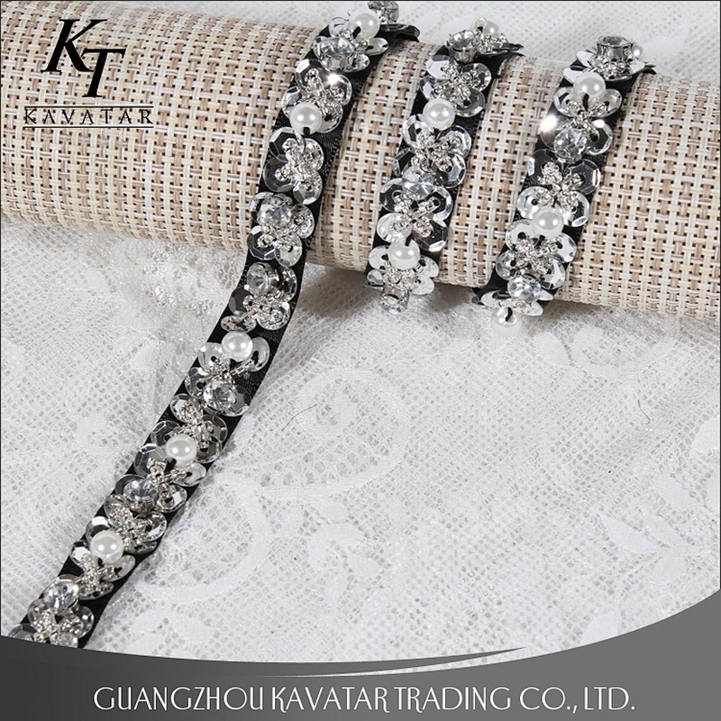Top quality Crystal Chain Lace Trimming Colorful Round Beads and sequin trim Setting Sew on Trim for Dress Decoration