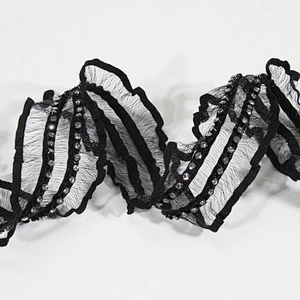 Wholesale Rhinestone Beaded Ruffled Chiffon Lace Trim for Women Garments