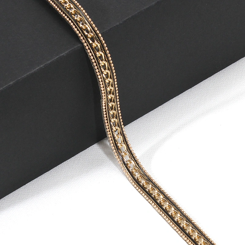 Stylish Black Hot Fix Transfer Trim with Golden Accessories Chain Beads