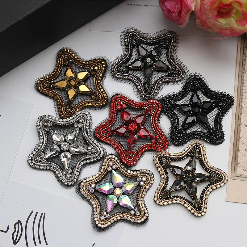 Kavatar Beaded Black/Red/ Gun star rhinestone Patches for women clothing patch Sew on patches