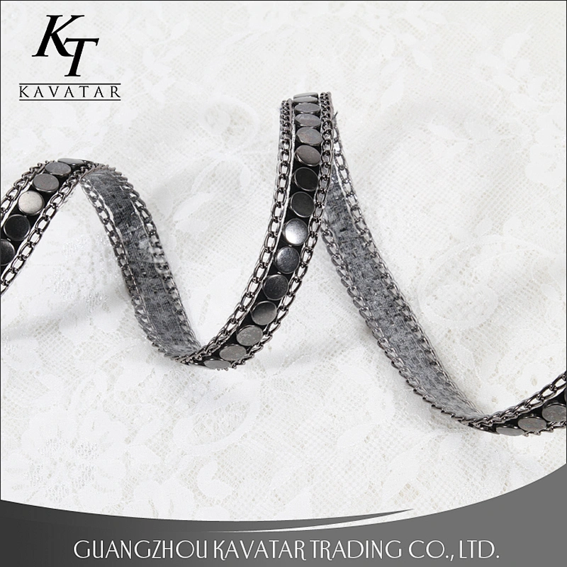 Kavatar Hot Fix Stud border Copper chain Lace Trim For Garment Accessories