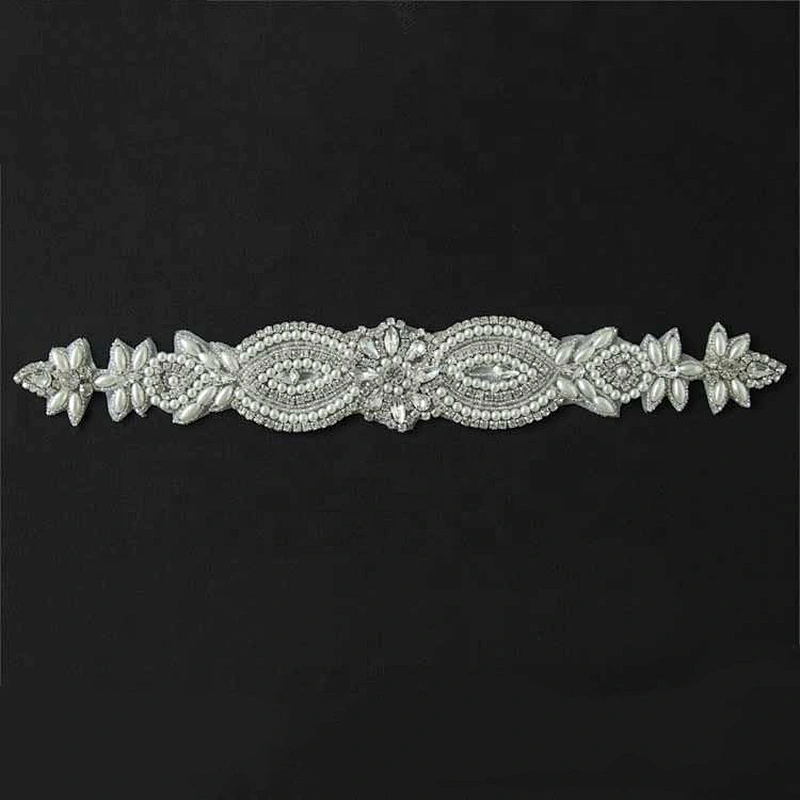 Rhinestone and pearl sew on beaded applique patches,ornaments applique trim rhinestone trim for wedding dress