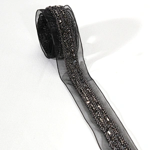 Decorative 2cm Black Copper Coated Rhinestone Beaded Mesh Lace Trim