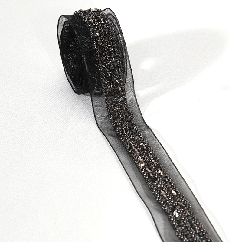 Decorative 2cm Black Copper Coated Rhinestone Beaded Mesh Lace Trim