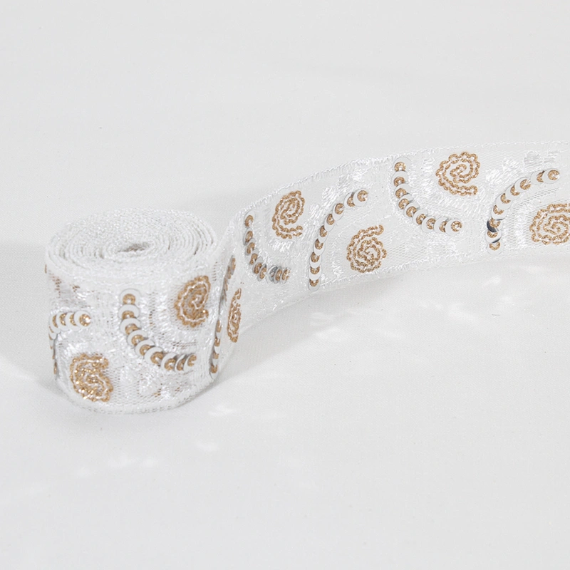 Custom Wholesale Craft Embroidered Rosette Sequin Beaded Mesh Lace Trim