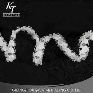 Kavatar Beaded Crystal Rhinestone Pearl Trim Ribbon For Bride Dress