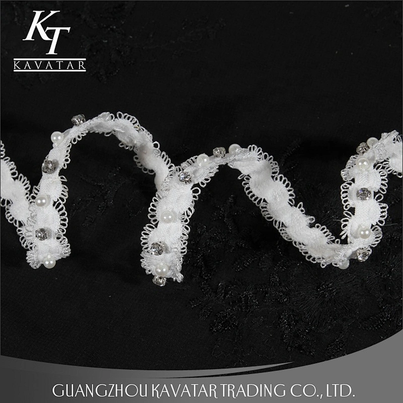 Kavatar Beaded Crystal Rhinestone Pearl Trim Ribbon For Bride Dress