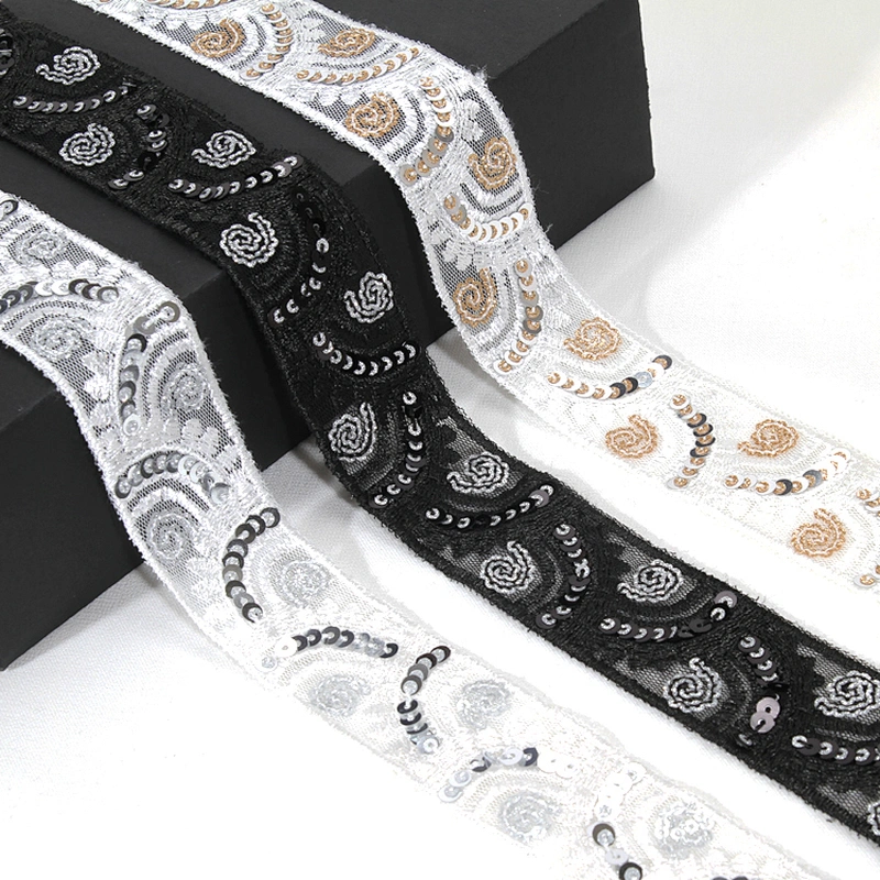 Custom Wholesale Craft Embroidered Rosette Sequin Beaded Mesh Lace Trim