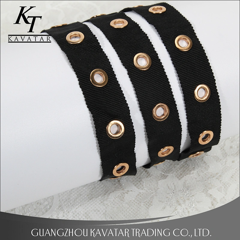 Wholesale gold eyelet stud grosgrain ribbon trim for garment and bags use
