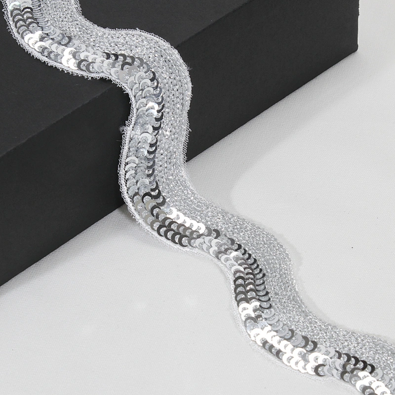 Unique Bullion Embroidery Wavy Sequin Mesh Lace Trim for Clothes Dresses