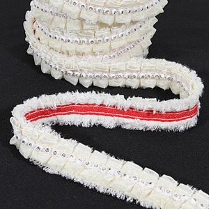 White polyester ruffle lace pleated trim ribbon with bead