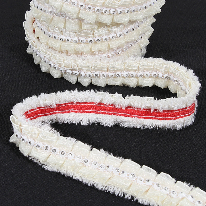 White polyester ruffle lace pleated trim ribbon with bead
