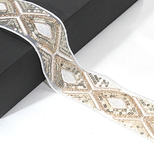 Handmade Gold Embroidery Cross Sequin Beaded Mesh Tape