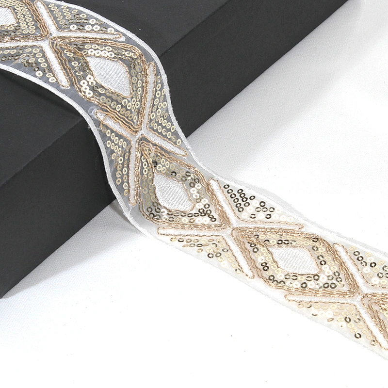 Handmade Gold Embroidery Cross Sequin Beaded Mesh Tape