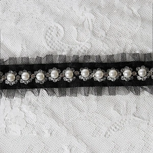 Hot Sell Black Ruffle Wave Lace Pearl Beaded Trim For Bride Wedding Dress