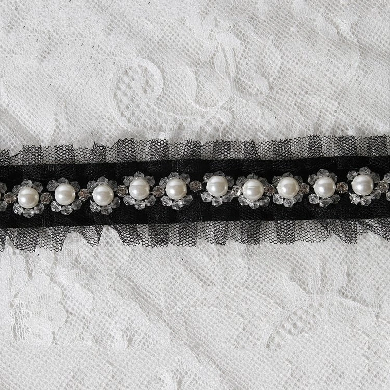 Hot Sell Black Ruffle Wave Lace Pearl Beaded Trim For Bride Wedding Dress