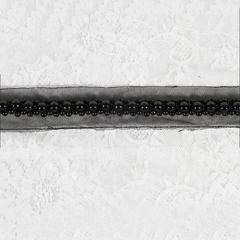 Elegant black pearls lace beaded embroidery lace trim tape for dress