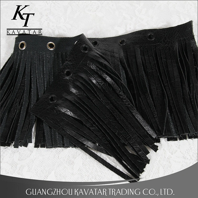Kavatar Black Faux Leather Eyelets Tassels Fringe Trim Ribbon