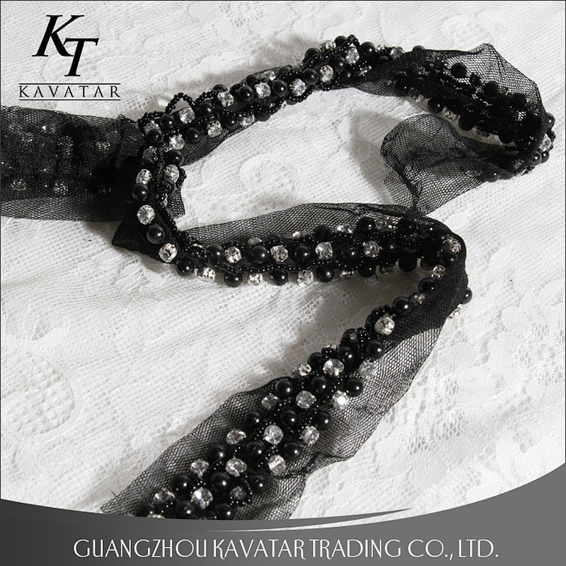 Accessories Claw Rhinestone Black Pearl Beaded Sew On Mesh Lace Trim For Garment