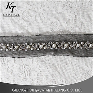 Kavatar Crystal Rhinestone White Bead Pearl Lace Designs Trim For Wedding Dress
