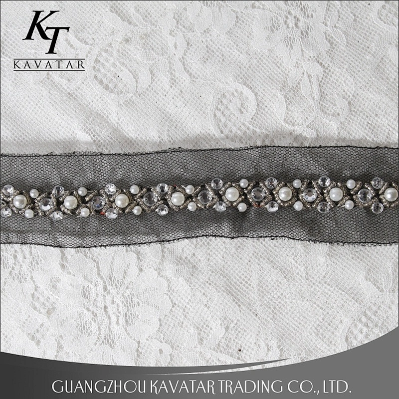 Kavatar Crystal Rhinestone White Bead Pearl Lace Designs Trim For Wedding Dress