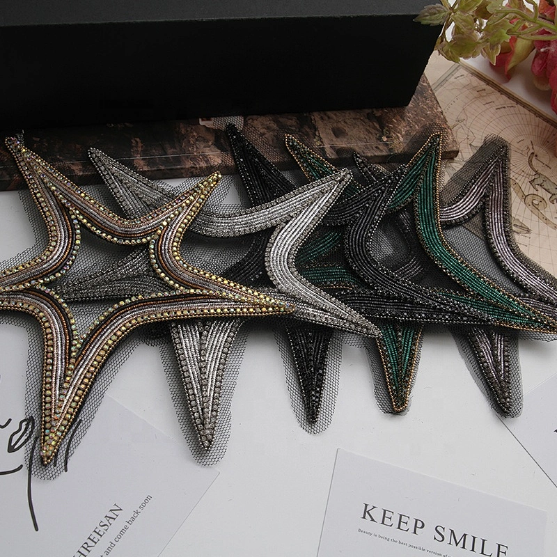 3D Multi Colour Bead Rhinestones Star Shaped Black Applique Patches