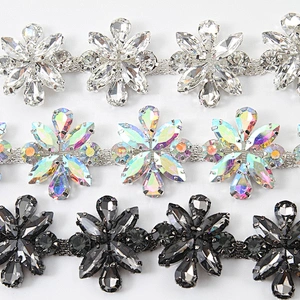 Flower Shape Crystal AB Red Black Rhinestone Chain Trims Costume Applique Sewing Craft Wholesale