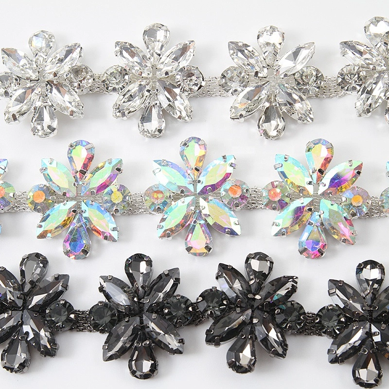 Flower Shape Crystal AB Red Black Rhinestone Chain Trims Costume Applique Sewing Craft Wholesale