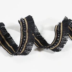 3cm black polyester fringe lace trim ribbon with beads