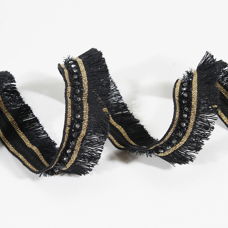 3cm black polyester fringe lace trim ribbon with beads