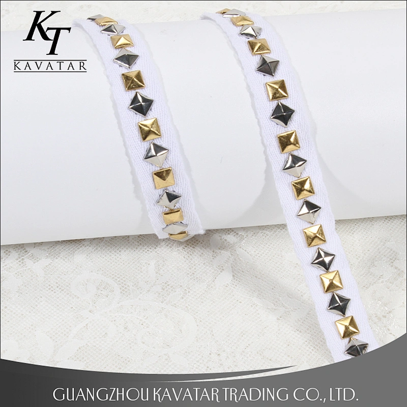 Pyramid shape Copper stud nail on polyester weave trim for garment accessories