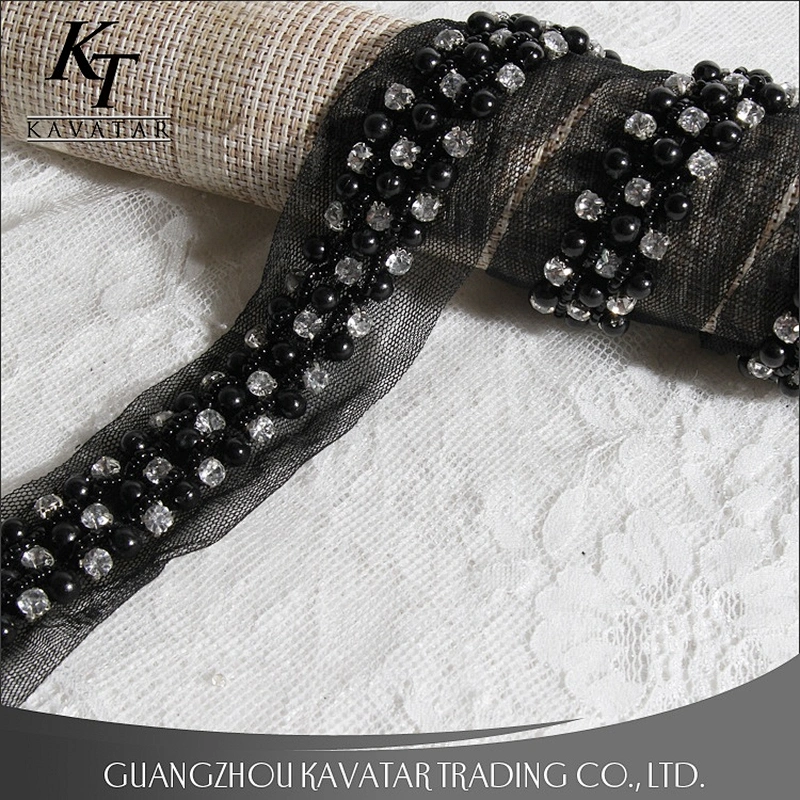 Accessories Claw Rhinestone Black Pearl Beaded Sew On Mesh Lace Trim For Garment
