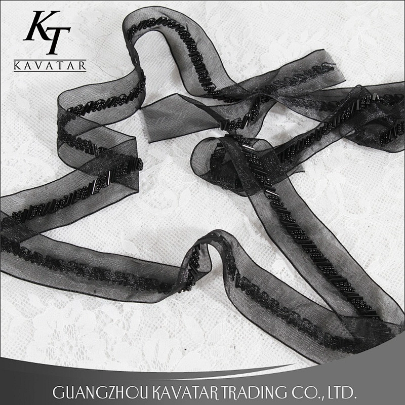 Kavatar Elegant Black Mesh Beaded Lace Trim For Dress