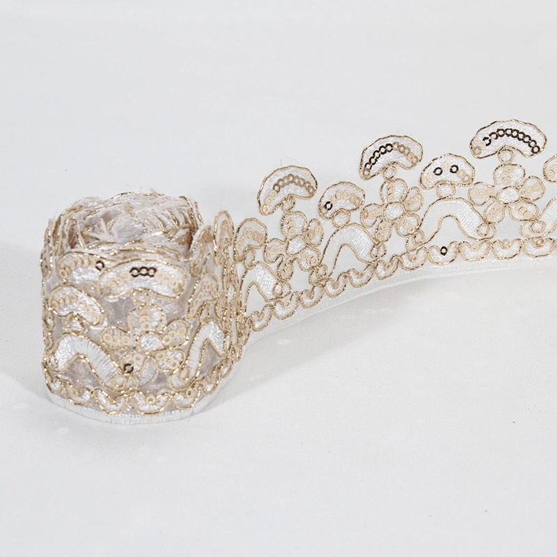 Wholesale Designed Golden Sequin Mesh Edge Lace for Dress Garment Accessories