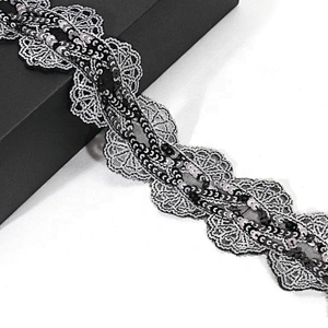 Gold Bridal Floral Pattern Embroidery Sequin Bridal Beaded  Trim