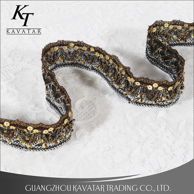 Beautiful Sequin Indian Lace Gold Beaded Trim For Garment