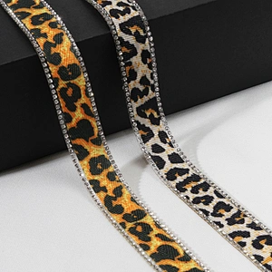 Wholesale 2cm Leopard Print Grosgrain Ribbon Rhinestone Border Hotfix Transfer Trim