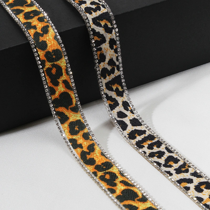 Wholesale 2cm Leopard Print Grosgrain Ribbon Rhinestone Border Hotfix Transfer Trim